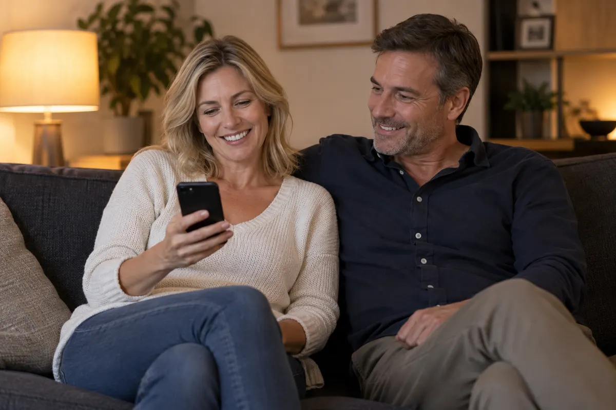 KI-Illustration eines lächelnden erwachsenen Paars auf einem Sofa, die Frau hält ein Smartphone