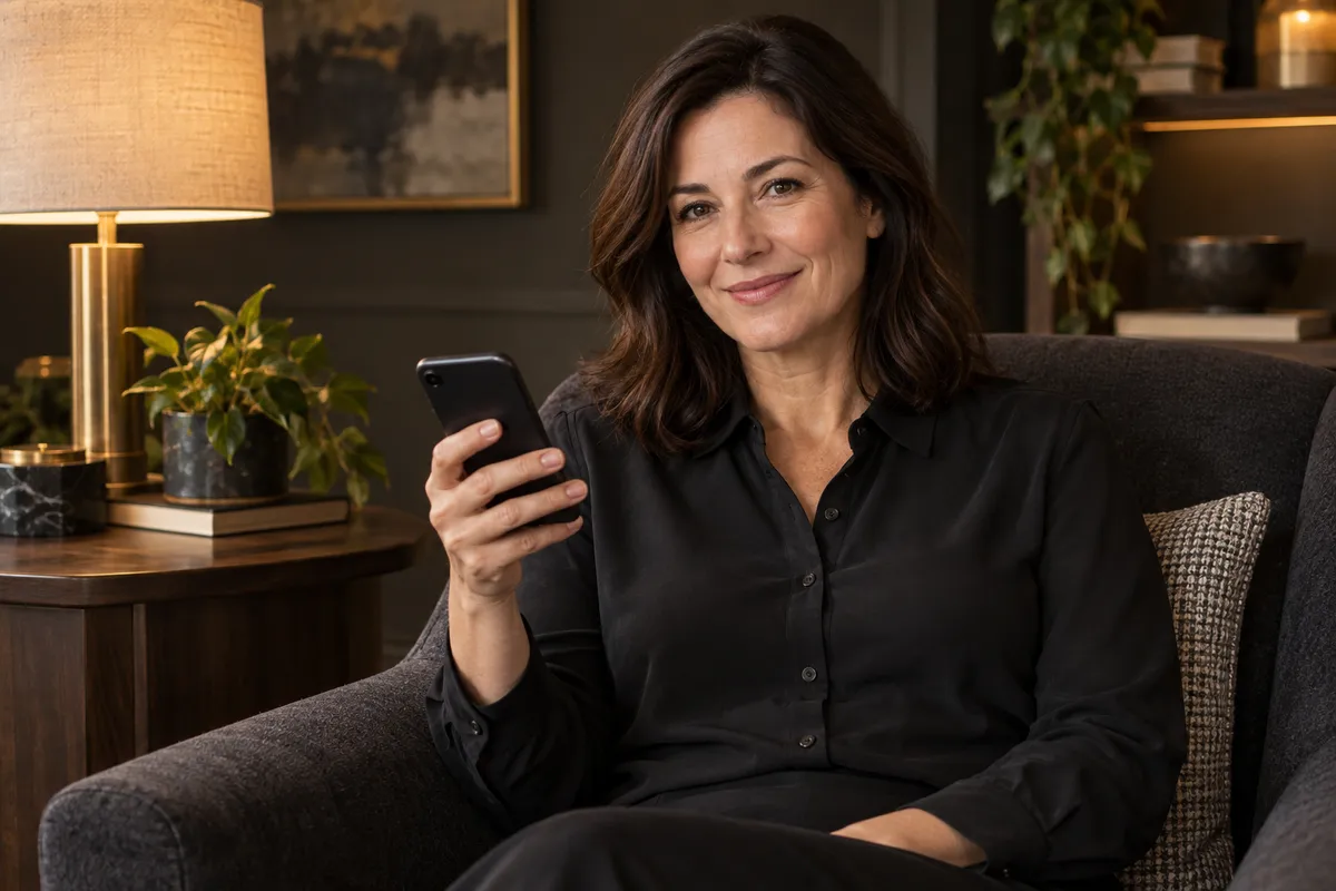 KI-Illustration einer lächelnden erwachsenen Frau in dunkler Bluse mit einem Smartphone in der Hand