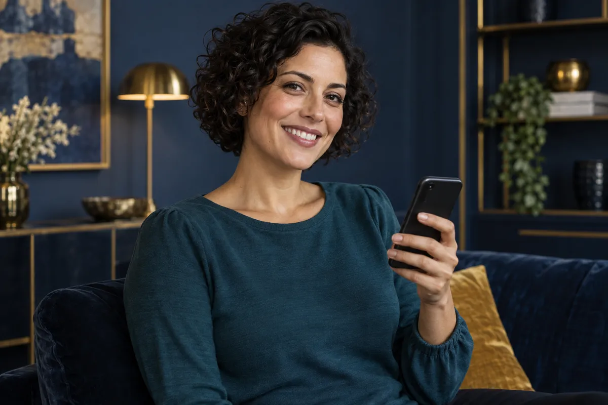 KI-Illustration einer lächelnden erwachsenen Frau mit kurzem lockigem Haar und Smartphone in der Hand